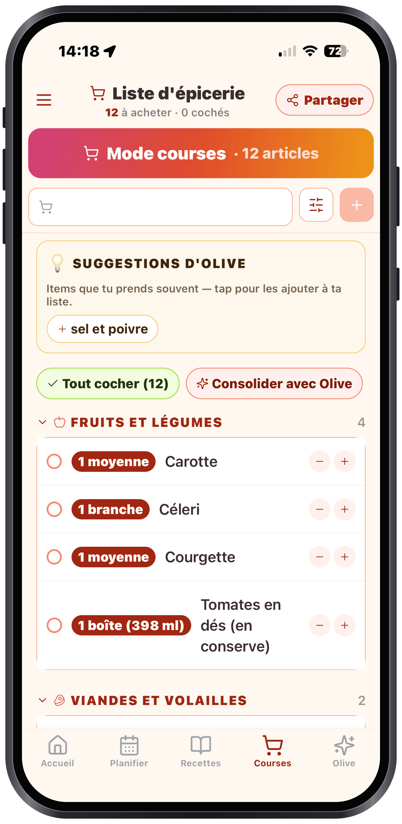 Liste d'épicerie Olivi sur iPhone, triée par rayon et partageable La liste d'épicerie d'Olivi sur iPhone : articles triés par rayon, mode courses et partage en temps réel